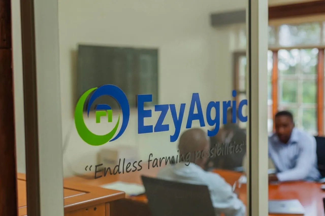 The EzyAgric logo on the glass wall of a meeting room at the EzyAgric office, with a meeting going on behind it
