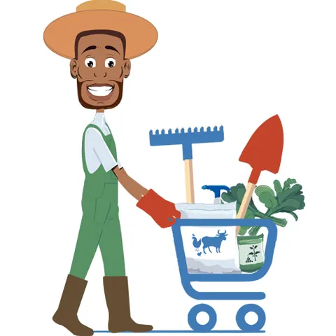 A farmer pushing a shopping trolley of farm inputs