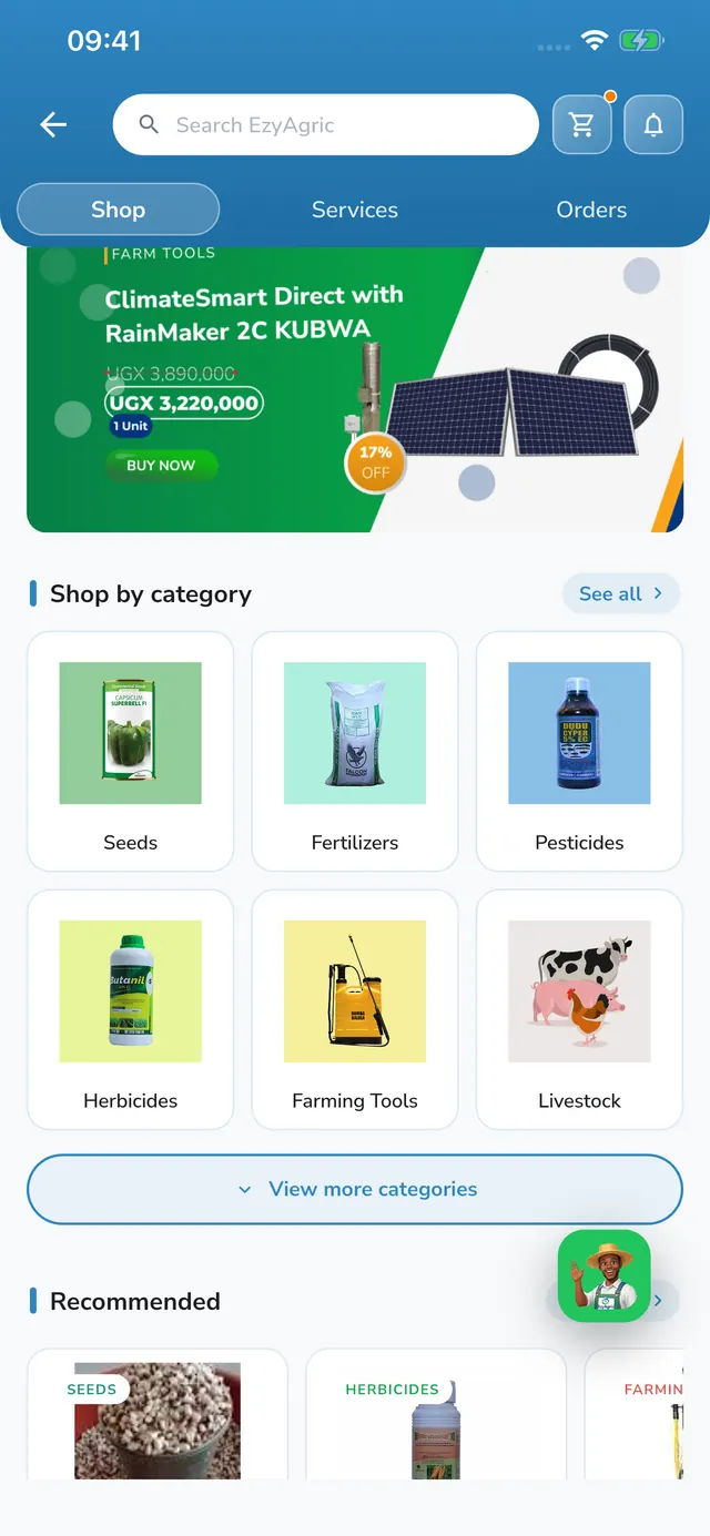 Agrishop in the app, with Shop, Services and Orders tabs and shop by category