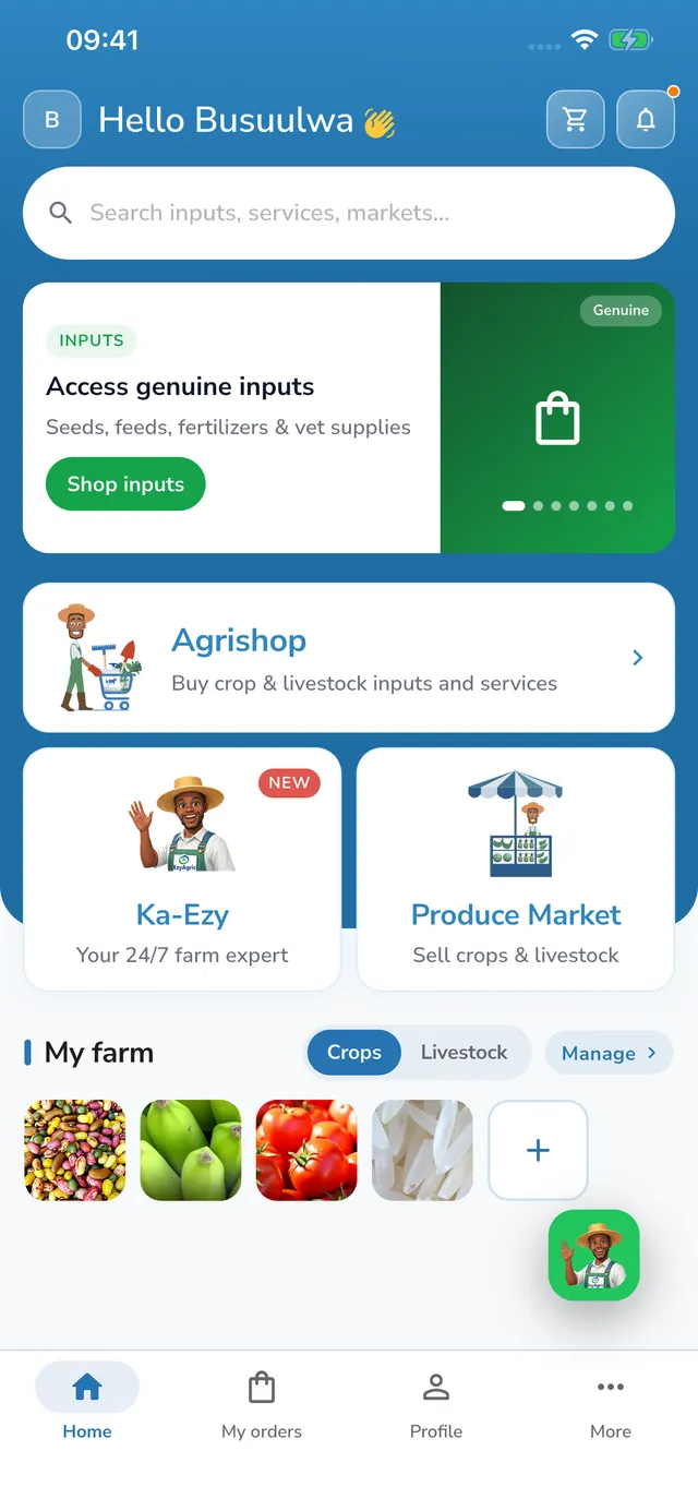 EzyAgric App home screen showing Agrishop, Ka-Ezy and Produce Market