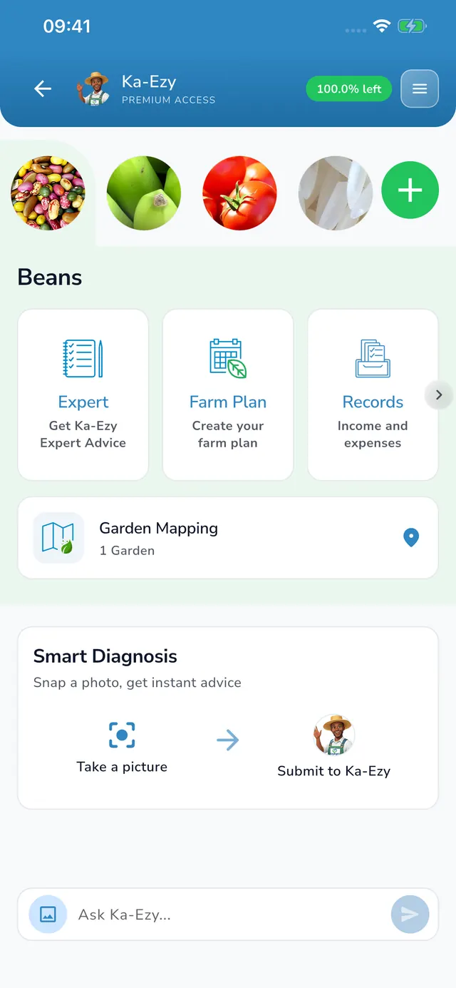 Ka-Ezy in the app, with Expert, Farm Plan and Records modes and Smart Diagnosis